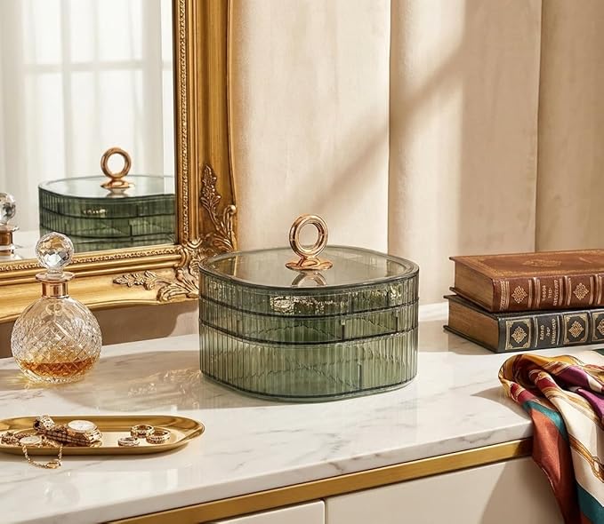 HALAFE Jewelry Box, 3-Layer Acrylic Jewelry Organizer with Handle, Clear Jewelry Boxes for Women Girls, Make up Organizer, Jewelry Storage Holder (Green)
