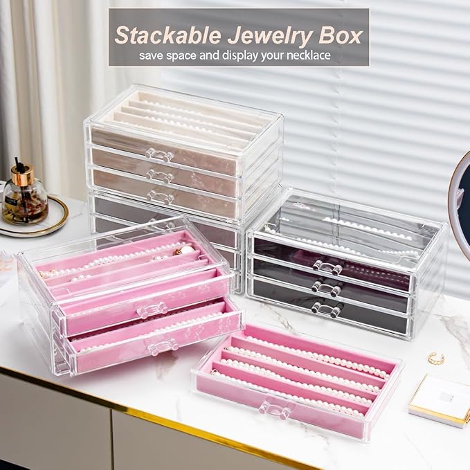 YUFONG Necklace Holder Organizer, Dustproof Necklace Box Velvet Necklace Organizer Box with Lid Clear Acrylic Dustproof Stackable Jewelry Displays for Necklaces Chain Display (Pink, 3 Drawer)