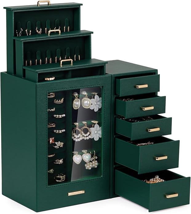 Homde Large Jewelry Box/Organizer/Case with Glass Window, Drawers for Necklaces Earrings Rings Bracelets Watches Gift for Women Girls