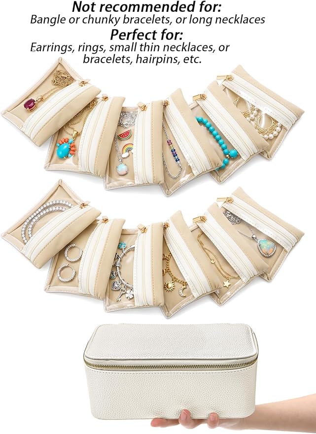 Hacaroa Travel Jewelry Case with 12 Velvet Pouches, Jewelry Storage Organizer Box PU Leather, Clear Window Small Bags Wedding Gifts for Earrings, Necklaces, Bracelets, Rings, Women, Girls, Cream White