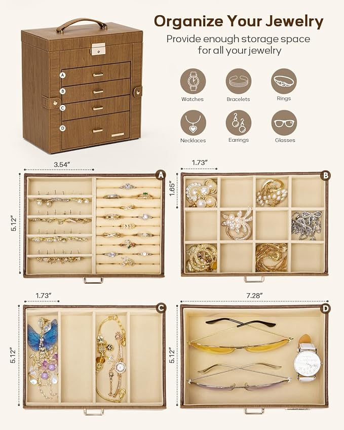 Homde Mothers Day Gifts Synthetic Leather Huge Jewelry Box Mirrored Watch Organizer Necklace Ring Earring Storage Lockable Gift Case (Brown + Gold)