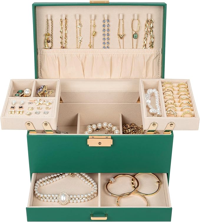 AKOZLIN Travel Jewelry Box Organizer Functional 2-trays Leather Jewelry Storage Case with Lockable Portable Drawer for Women Girls Ring Necklace Earring Bracelet