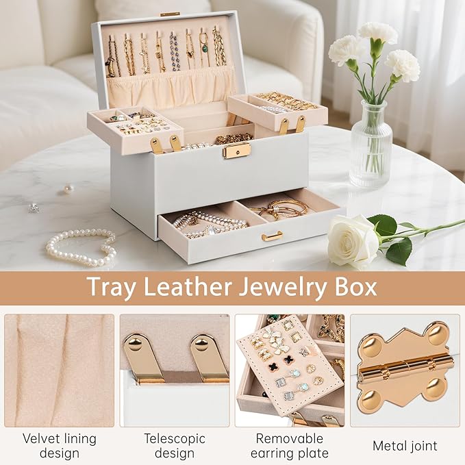 AKOZLIN Travel Jewelry Box Organizer Functional 2-trays Leather Jewelry Storage Case with Lockable Portable Drawer for Women Girls Ring Necklace Earring Bracelet