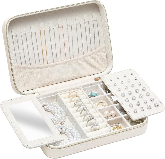 Genuine Leather Travel Jewelry Organizer Case Box with Mirror for Women, Small Mini Portable Jewelry Box for Ring Earrings Necklace Bracelet Luxury Gift for Women（White）