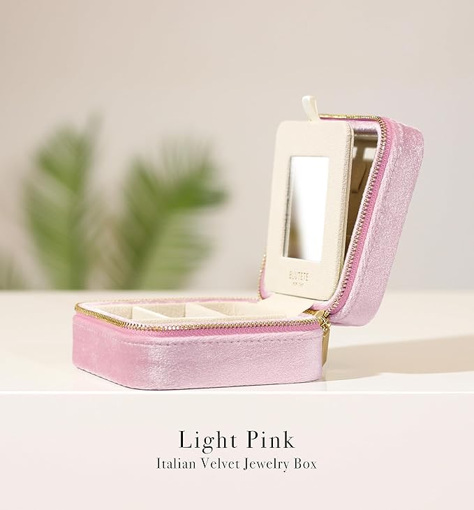 BLUTETE Travel Jewelry Box Organizer Velvet Travel Case With Mirror Ring Earrings Necklaces Storage Organizer Box (Light Pink)