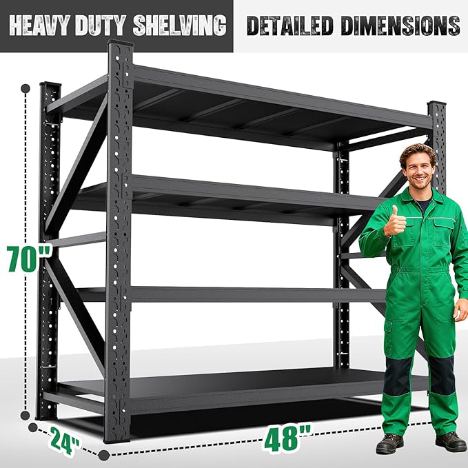 Heavy Duty Garage Shelving,6000LBS Capacity Metal Storage Shelves,4-Tier Adjustable Industrial Shelving Unit,Steel Rack for Warehouse,Garage,Workshop(70" H*48" W*24" D) Black