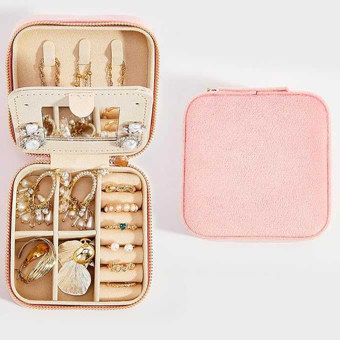 Smileshe Travel Velvet Jewelry Box with Mirror, Mini Gifts Case for Women Girls, Small Portable Organizer Boxes for Rings Earrings Necklaces Bracelets
