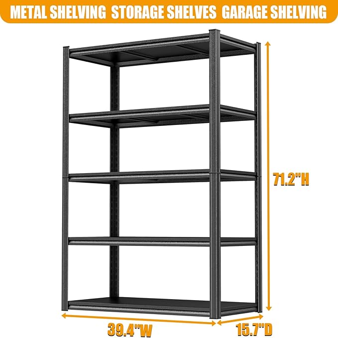 PRESTELION Garage Shelving 40" W Storage Shelves 3000LBS Heavy Duty Metal Shelving Unit 5 Tier Adjustable Shelf for Kitchen Warehouse Pantry Basement, Black (Black, 72" H x 40" W x 16" D, 5-Tier)
