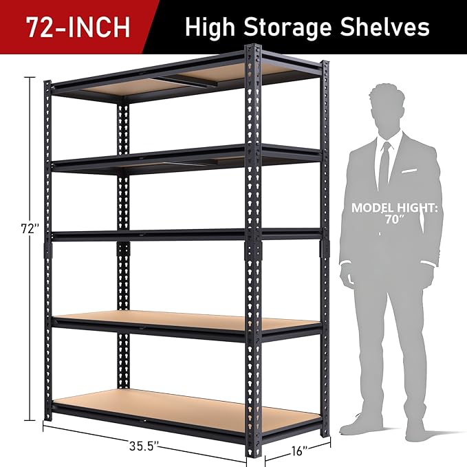 72" H Garage Storage Shelves,Storage Shelves Heavy Duty,2400LBS Metal Shelving Units,Adjustable Garage Shelving Heavy Duty for Garage Storage,Warehouse,16"x35.5"x72