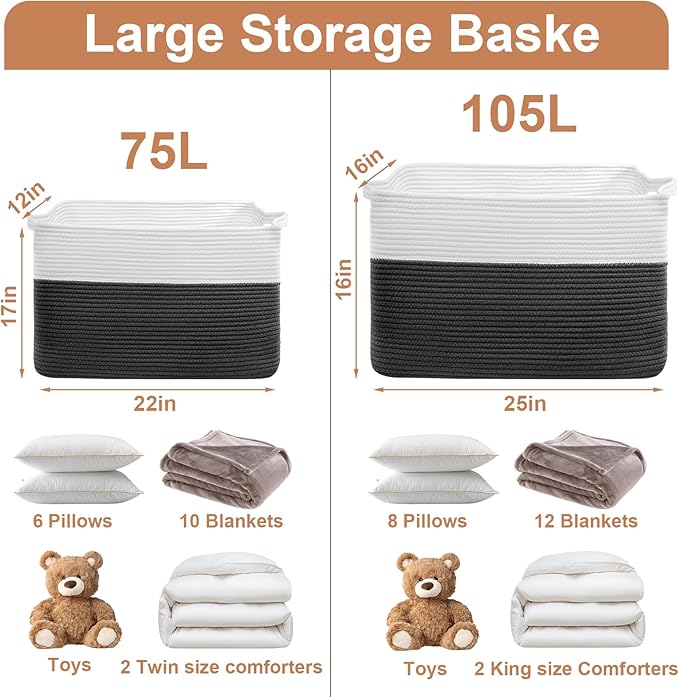 105L XXXL Large Blanket Basket, Rectangular Cotton Rope Basket, Laundry Hamper for Blankets, Pillows, Extra Large Toys Storage Bins for Kids, Dogs 25" x 16" x 16", White & Black