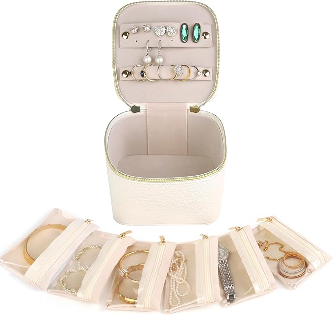 HofferRuffer Jewelry Box Organizer for Women Girls, Travel Jewelry Case with 6 Portable Zipper Bags, Jewelry Storage Ideal for Travel & Home Organization (6pcs-CreamWhite Faux Leather)