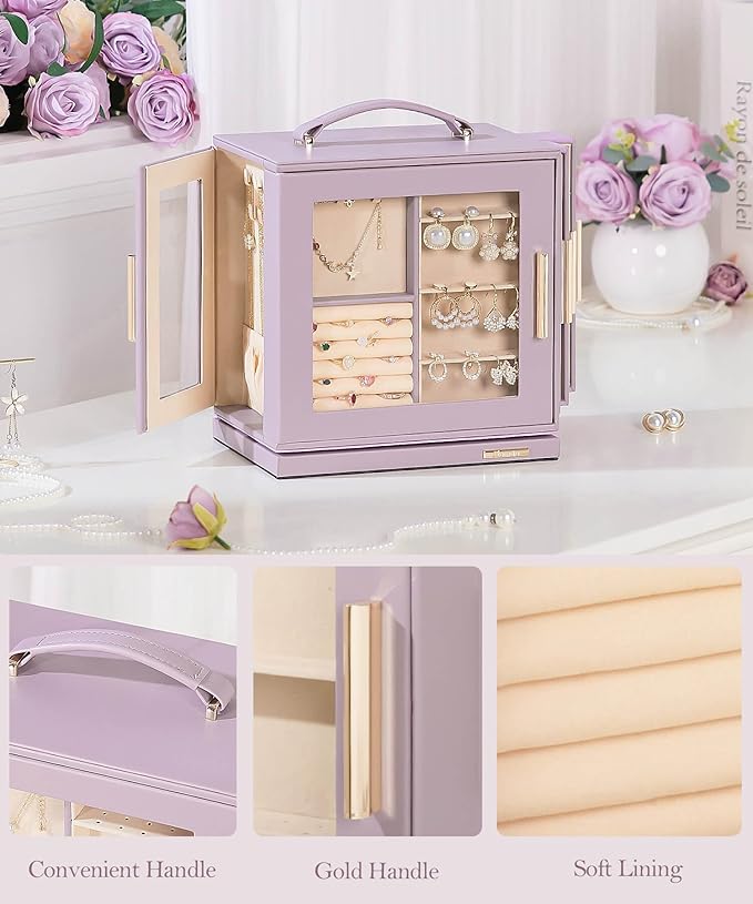 Homde Jewelry Box 360° Rotating, Necklace Earring Organizer with Transparent Window, Mirror, 7 Drawers, Large Ring Display Storage Case for Girls Women (Grey Purple)