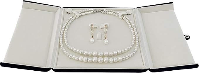 Navy Blue Velvet Jewelry Box for Large Necklace and Earrings Set Luxury Presentation Case for Pearl Strand Necklaces, Statement Jewelry, Button Clip Closure, Arc, Cream Velvet Interior, Gift Box