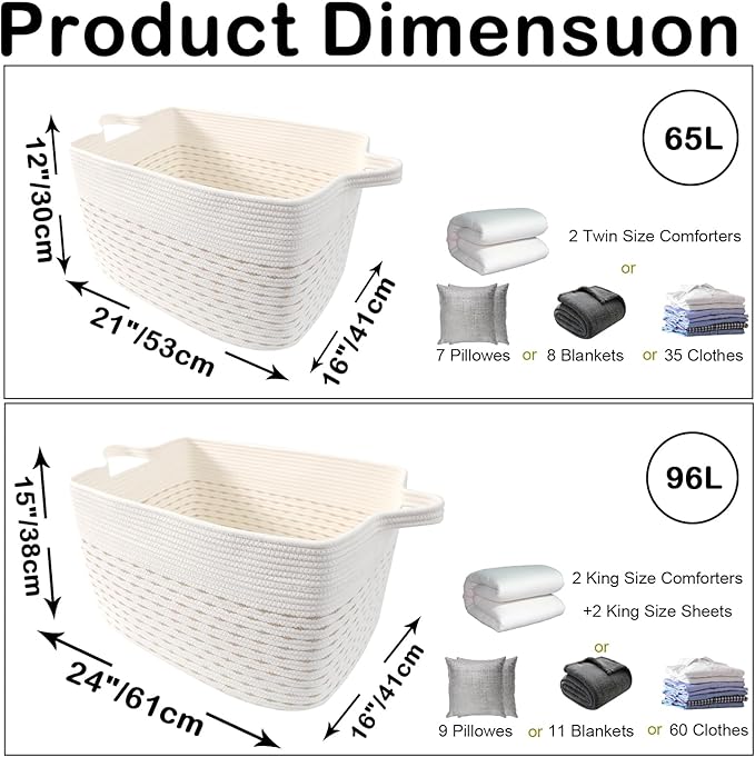 Large Blanket Basket,Woven Rope Basket Storage Bin with Handles,65L Rectangle Laundry Basket for Magazines,Toys,Clothes,Newspaper Shelf Organization,Nursery and Living Room,White&Yellow