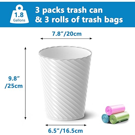 Lysam Bathroom Trash Can, 8 Pack 1.8 Gallons Small Trash Can with Trash Bags, Bathroom Garbage Can, Plastic Trash Bin, Round Waste Basket for Bedroom, Office, Kitchen, Room, Compact Space (White)
