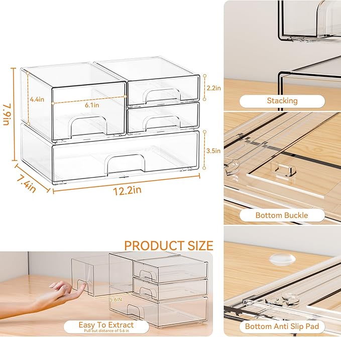 Yieach 4 Pack Clear Stackable Storage Drawers,Pull-Out Medicine Cabinet Organizer and Containers,Large Acrylic Organizers Drawers and Bathroom Closet Organizers for Hair Accessories,Makeup Organizer