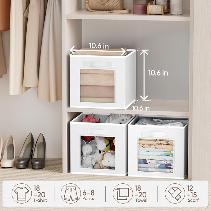 Homsorout Storage Cube 11 Inch - Cube Storage Bins with Window, Closet Storage Baskets with Handle, Fabric Bins for Closet, Shelves, Toys, Clothes, Set of 12, White