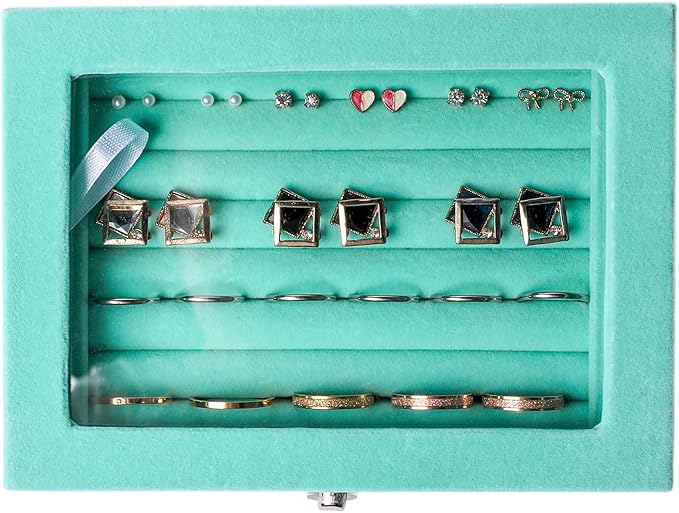 Frebeauty Rings/Earring Organizer Tray with Clear Lid,7 Slots Ring Box Velvet Ring Holder Drawer Insert Jewelry Storage Box Jewelry Display Case Jewelry Box Gift for Women and Girls(Turquoise,7 Slots)