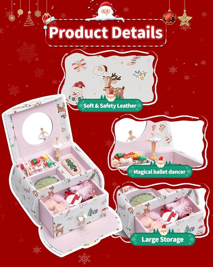 Vlando Kids Musical Jewelry Box for Girls with Drawer, Music Box with Ballerina and Stickers for Birthday Bedroom Decor, Christmas Gifts for Girls Kids - Christmas White