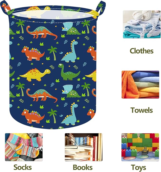 Collapsible Kids Laundry Basket Clothes Hamper, Foldable Storage Organizer Bin, Toy Clothes Storage with Handles for Boys Girls Bedroom, Room Decor Dinosaur