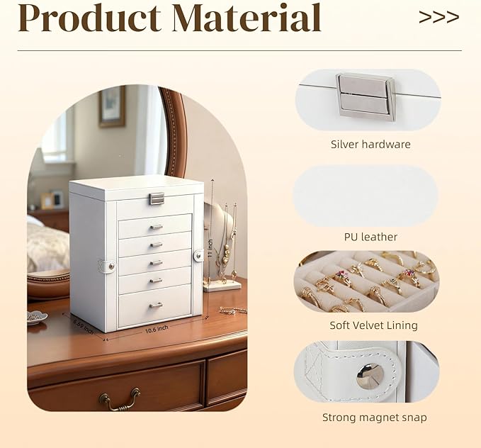 BOOVO Jewelry Box For women, 6 Layer Large Jewelry Organizer With Mirror, Multi-Function Storage Box With Lock, Necklace Holder With 5 Drawers, For Earrings Necklace Bracelet (Silver and White)
