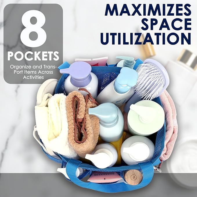 GYEUKHAM Large Mesh Shower Caddy Portable with 8-Pocket for College Dorm Room Essentials,Quick-Dry Handing Shower Basket Tote Bag for Toiletry, Bathroom,Beach,Camp,Gym,Blue