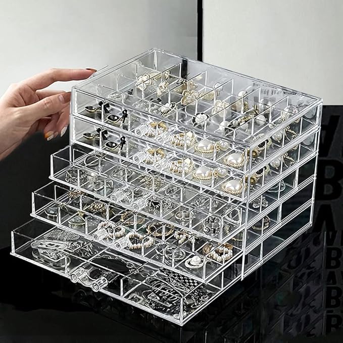 YUFONG Jewelry Boxes Earring Storage Box Organizer 5 Drawers Jewelry Organizer Acrylic Jewelry Storage Box Holder Compartment Transparent Display Storage Case Gift for Women Girls (102 Girds)