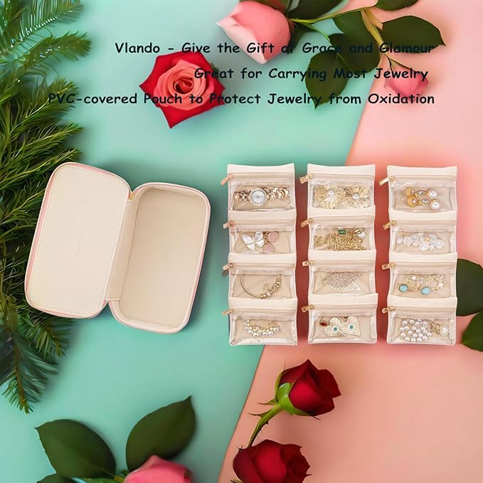 VLANDO Travel Jewelry Box Organizer – Portable PU Leather Jewelry Case with 6/8/12 Zippered Pouches, Compact Storage for Earrings Rings Necklaces Bracelets, Baby Blue