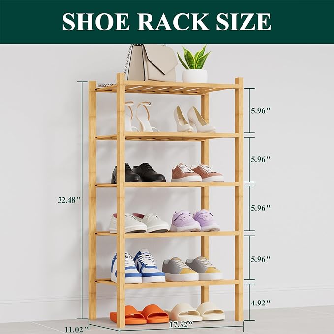 Smiry Shoe Rack, 5 Tier Thick Small Bamboo Shoe Organizer, Stackable Free Standing Wooden Shoe Storage Shelf for Closet, Entryway, Front Door Entrance, Natural