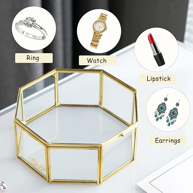 Glass Vintage Jewelry Box, Geometric Jewelry Display Organizer Box Vanity Lidded Box Home Decor Accent Decorative Box for Storage Trinket Rings Bracelet