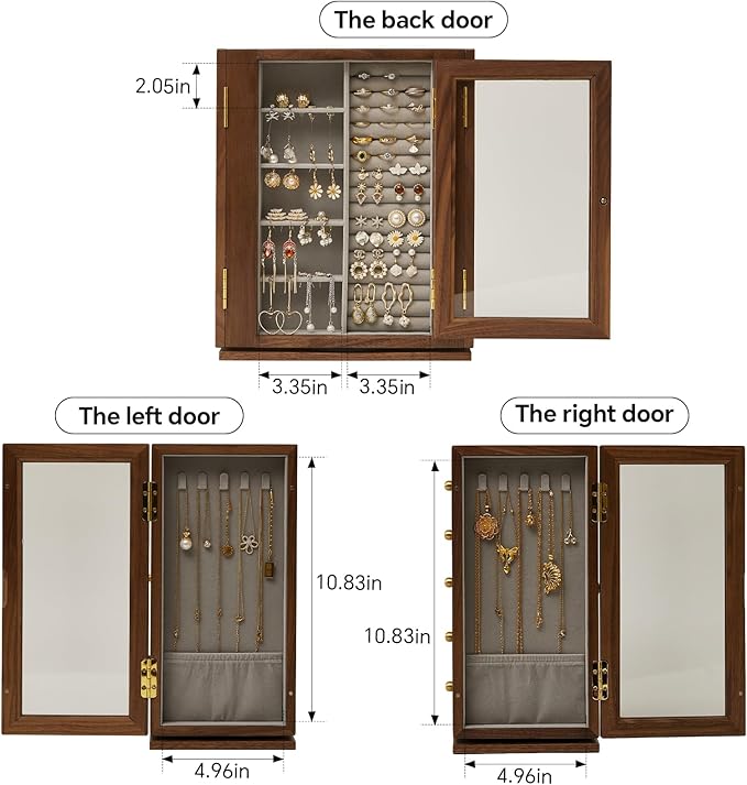Wooden Jewelry Box for Women, 360 Rotating Design,Large Jewelry Organizer with Velvet Lining, 5 Drawers, Transparent Glass Doors, Black Walnut Wood Grain, Jewelry Storage Organizer