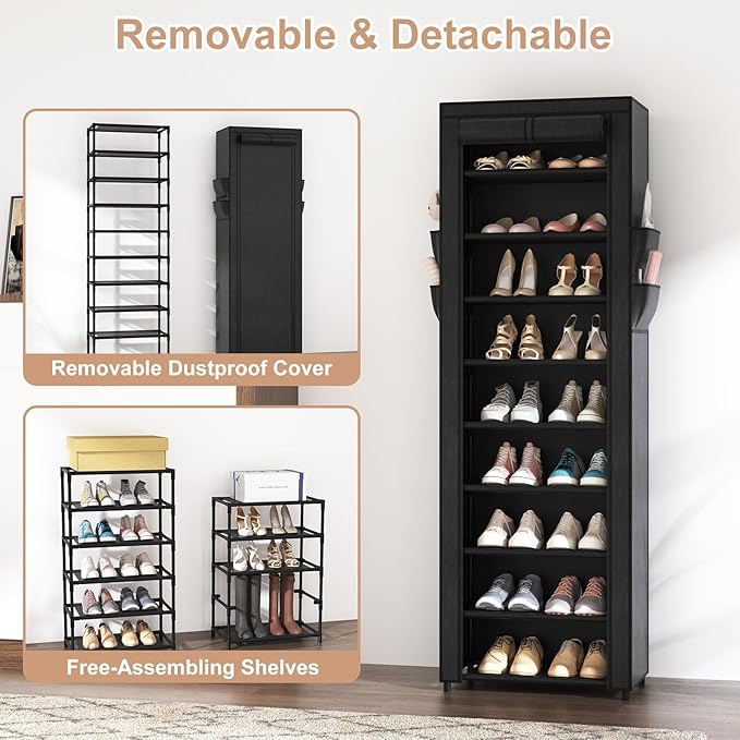 VILICK Shoe Rack with Cover Narrow Shoe Organizer with 4 Side Pockets 10 Tier Tall Shoe Storage Holds 18-22 Pairs Shoes and Boots Shoe Rack for Closet Entryway Garage
