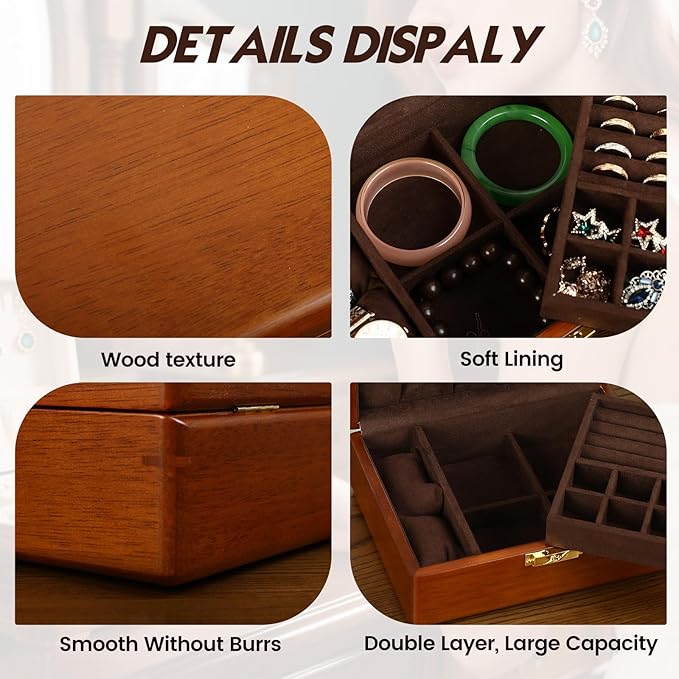 Solid Walnut Wood Jewelry Organizer Box with Lock,2-Layer Vintage Jewelry Box for Men Women, Velvet-Lined Storage for Earrings Rings Necklaces Bracelets Watches Gift Beige
