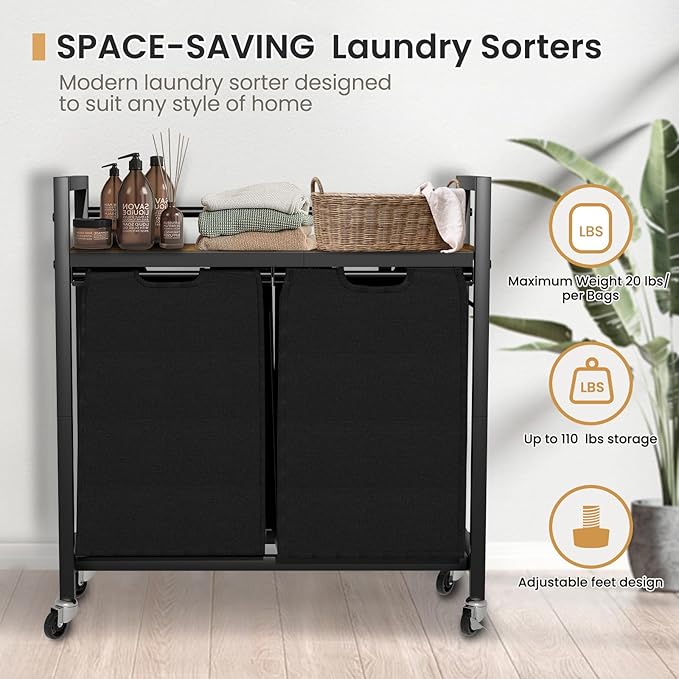 SwaaVee Laundry Hamper, Laundry Basket, Laundry Sorter with 2 Removable Bags, Clothes Basket with 2 Compartments, Wheels, Shelf for Laundry Room Bathroom Bedroom (2 Bags-Black)