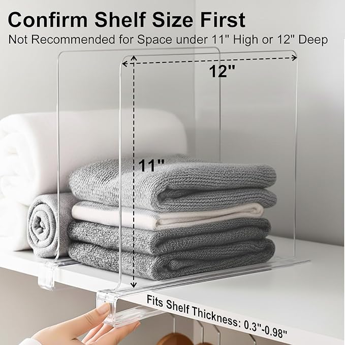 SortNStore Shelf Dividers Purse Organizer for Closet: 11-inch Tall(Extra Tall) Acrylic Sweater Organizer - Upgraded Extra Height for Large Handbags, Totes, Clothes, Towels on Wood Shelves 4-Pack