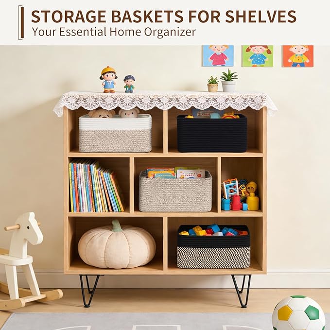 Goodpick 4 Pack Storage Baskets for Shelves, Rectangle Woven Baskets for Organizing, Closet Storage Bins with Handles, Decorative Toy Organizer Basket for Gifts, 13''L x 8''W x 6''H, Brown