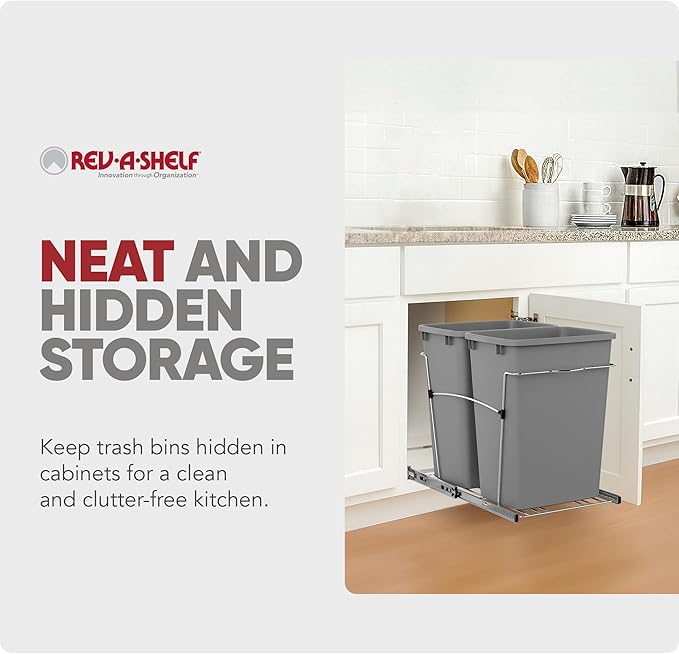 Rev-A-Shelf Double Pullout Trash Can for Kitchen Cabinets 35 Qt Garbage Recycling Bin on Full-Extension Slides, Silver, RV-18KD-17C S