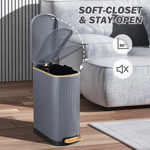 SYNCVIBE Slim Bathroom Trash Can with Soft Close Lid Stainless Steel Garbage Can Step Trash Bin with Removable Inner Bucket for Bedroom, Office, Kitchen (Matt Grey, 3.5 Gallons)