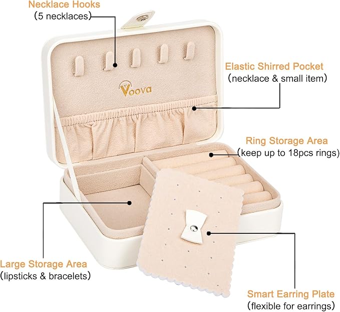 Voova Jewelry Box Organizer for Women Girls, 2 Layer Large Men Jewelry Storage Case, PU Leather Display Jewellery Holder with Removable Tray for Necklace Earrings Rings Bracelets (White, Small)