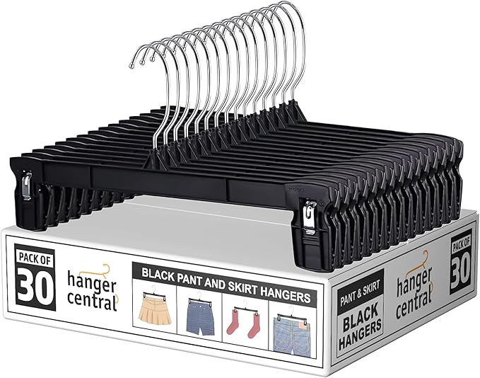 Hanger Central 30 Pack Pants Hangers Slim Plastic Clothes Hangers with Clips for Skirts, Shorts & Trousers – Non Slip Grip, Heavy Duty Space Saver with Swivel Hook – Black Closet Organizer - 10 Inch