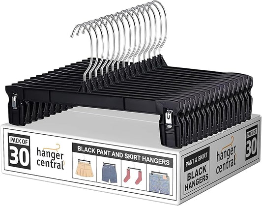 Hanger Central 30 Pack Pants Hangers Slim Plastic Clothes Hangers with Clips for Skirts, Shorts & Trousers – Non Slip Grip, Heavy Duty Space Saver with Swivel Hook – Black Closet Organizer - 10 Inch