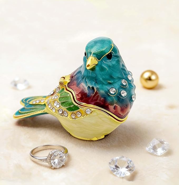 Turquoise Green Bird Trinket Boxes Hinged,Bird Decor with Crystals Enamel Jewelry Box.Necklace Ring Box Earrings Storage.Collectible Birds Lover Gifts Figurines Home Decor