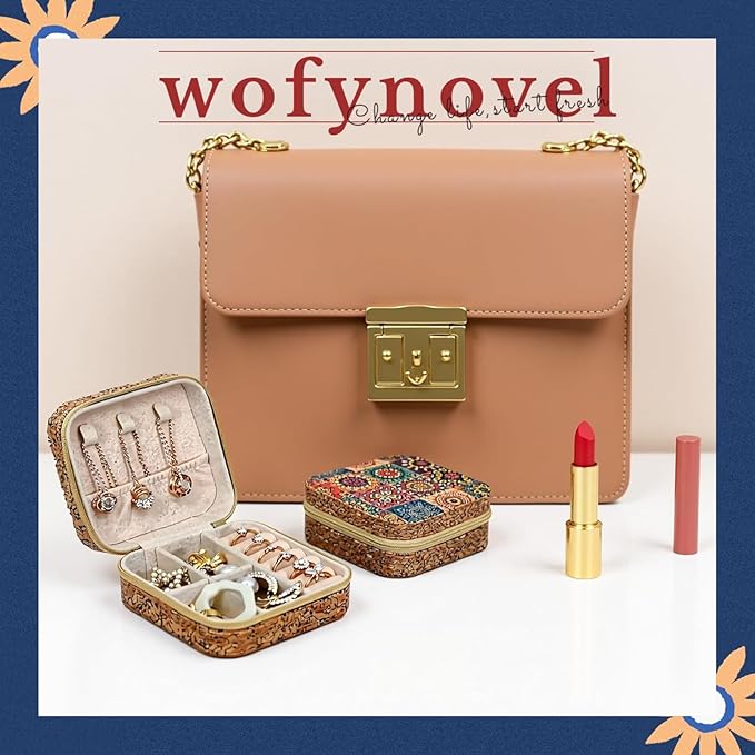 Retro Cork Jewelry Box with Bohemian Patterns for Storing Rings, Necklaces and Earrings During Travel, Soft Velvet Interior, 3.8x3.8x1.8 Inches