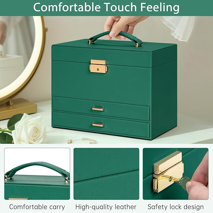 AKOZLIN Travel Jewelry Box Organizer Functional 2-trays Leather Jewelry Storage Case with Lockable Portable 2 Drawers for Women Girls Ring Necklace Earring Bracelet