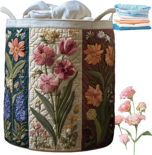 Aiorrax Quilted Laundry Basket with Handles, Boho Floral Fabric Storage Hamper, Large Soft Quilted Laundry Basket for Nursery, Bedroom, Laundry Room,Clothes & Toys (M, L)