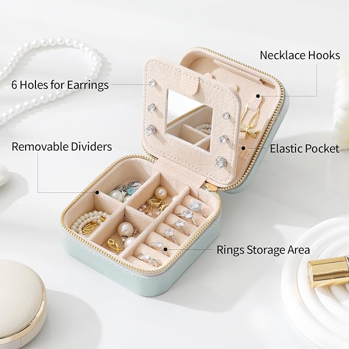 Genuine Leather Travel Jewelry Case Organizer with Mirror for Women, Small Jewelry Box Portable Mini Jewelry Case for Earring, Ring, Necklace, Bracelet（Lychee Grain Ivory White）