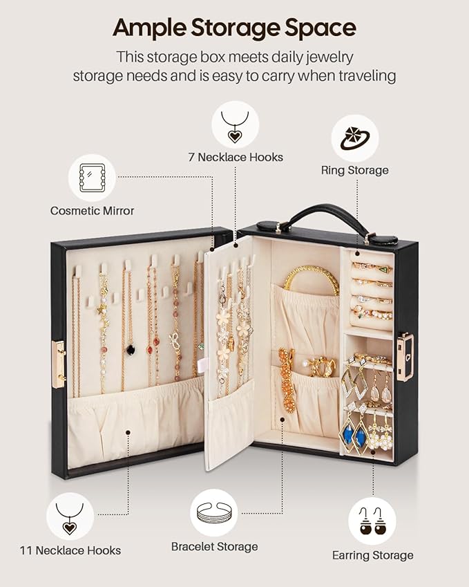Enthralite Large Travel Jewelry Case: Portable Jewelry Box with Mirror - PU Leather Small Jewelry Organizer for Rings Earrings Necklaces Bracelets - Birthday Gift for Her - Jewelry Storage