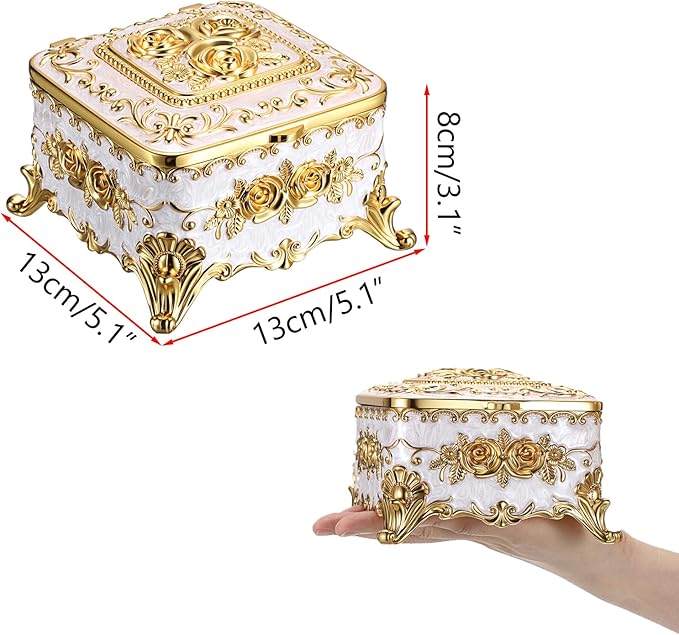 Hipiwe Vintage Jewelry Box Rectangular Trinket Chest Metal Treasure Holder for Ring Earrings Organizer Keepsake Box Gift for Woman, Beige, 5.1" L x 5.1" W x 3.1" H