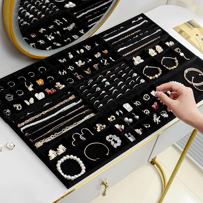 SPAKOWN Jewelry Drawer Organizer Inserts Set of 9, Jewelry Trays for Drawers Velvet Jewelry Organizer Tray Drawer Jewelry Organizers and Storage for Earring Ring Necklace Watch Bracelet (Black)