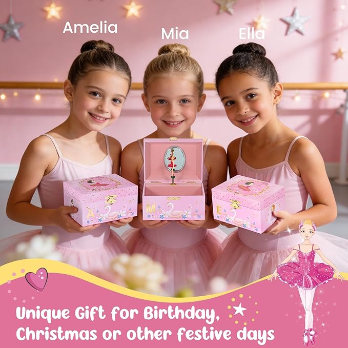 TPersonalized Initial S Musical Jewelry Box for Girls - Ballerina Music Box with Spinning Dancer, Includes Unicorn Necklace & Bracelet Set, Custom S Letter Keepsake Gifts for Kids Ages 3-10